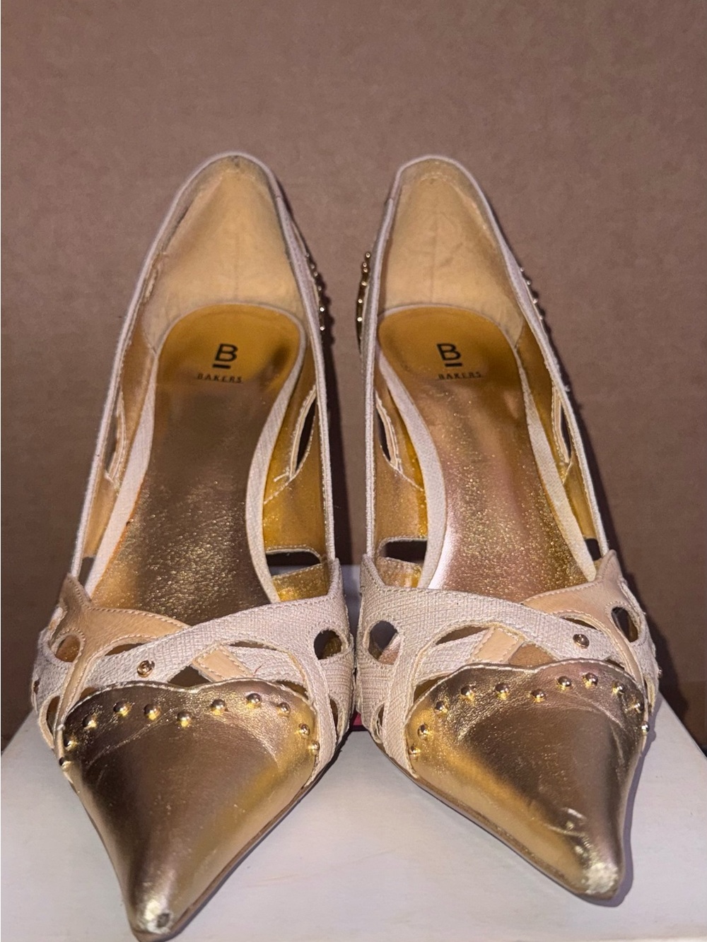 Bakers -Cara - Women's Gold and Cream Pointed Toe Heels